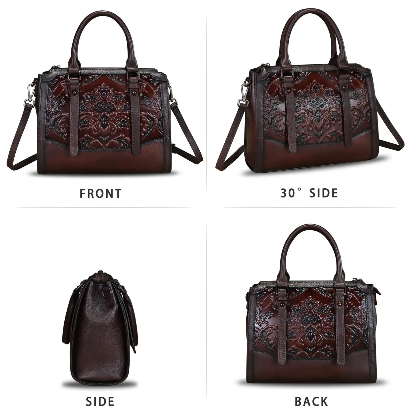 Genuine Leather Satchel for Women Embossed Leather Top Handle Bags Handmade Purse Vintage Crossbody Handbags Hobo Bag (Coffee)