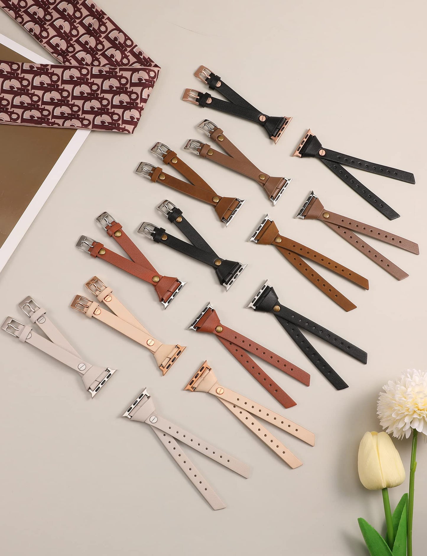 Minyee Leather Band Compatible with Apple Watch Bands 38/40/41/42mm Women, Slim Double Knotted Fasten with Rivet Stylish Dressy Strap for iWatch Series 11 10 9 8 7 6 5 4 SE/Ultra 3 2 1, Light Brown