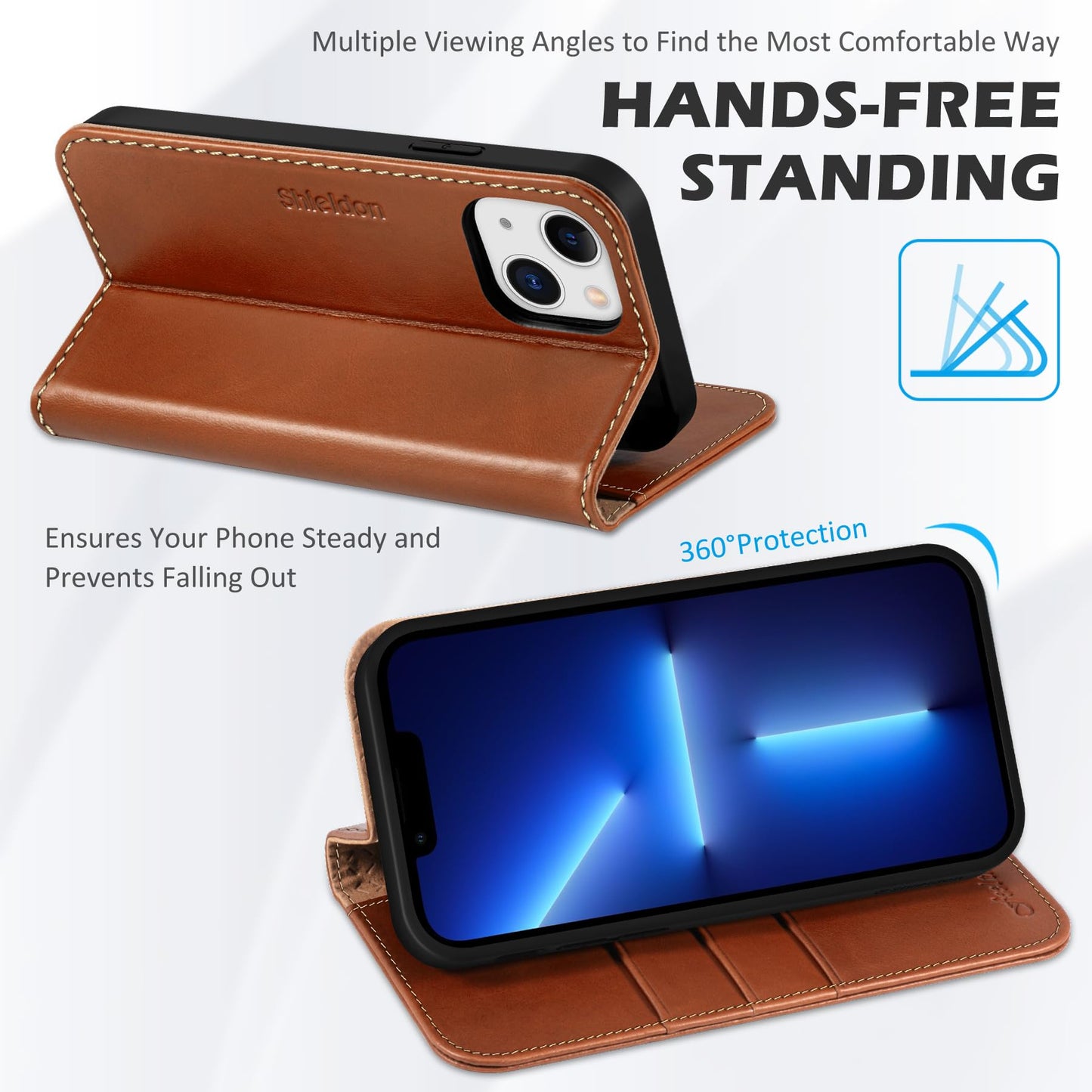 SHIELDON Wallet Case for iPhone 13 5G, Genuine Leather Folio Case Magnetic Shock Absorbing Cover RFID Blocking Credit Card Holder Kickstand Compatible with iPhone 13 6.1" 2021 - Retro Brown