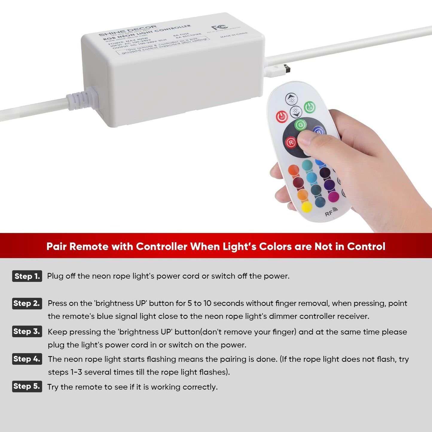 Shine Decor Controller with Remote, Power Supply for 10mm W x 20mm H LED RGB Neon Rope Lights Only