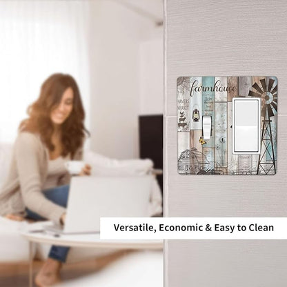 Rustic Western Farmhouse Windmill 2 Gang Light Switch Covers Vintage Barn Wooden Plank Inspirational Quote Single Toggle Rocker Combo Wall Plate Electrical Faceplate Decorative Switchplate