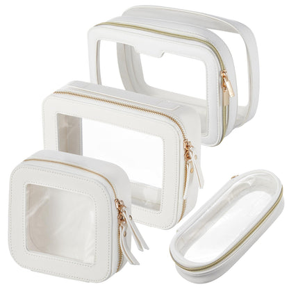 4 Pcs Leather Clear Makeup Bags Set for Women Travel Clear Cosmetic Case Toiletry Bags with Zipper Makeup Brush Case Waterproof Organizer Storage for Women Men Travel Accessories, 4 Sizes(White)