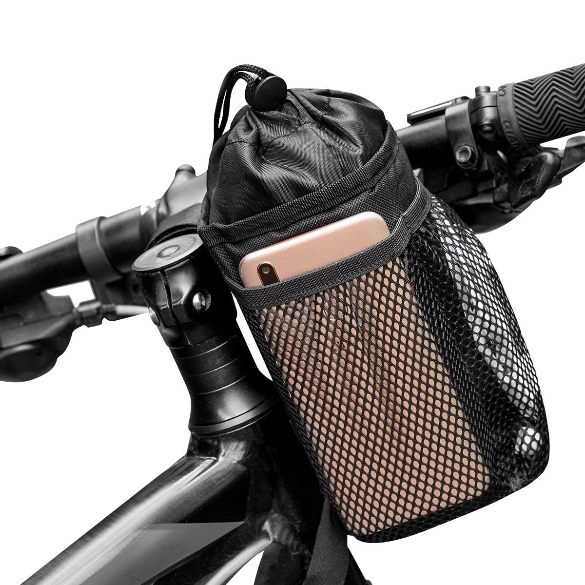 Caudblor Bike Water Bottle Holder Bag for Kid Adult, Insulated Bicycle Coffee Cup Holders with Phone Storage, Black Handlebar Drink/Beverage Container for Walker/Cruiser/Exercise/Mountain Bike
