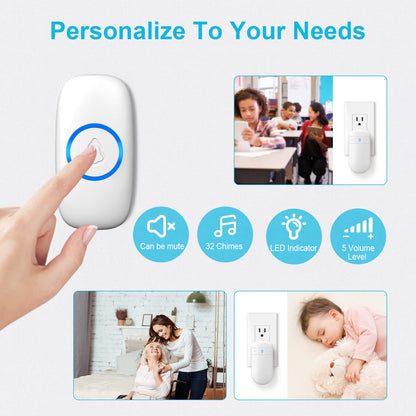 Wireless Doorbell, SECRUI Door bell Over 1000ft Coverage with 2 Plug-In Receivers, 1 Waterproof Push button, 52 Chimes, 110dB loud Sound Colorful LED Flash