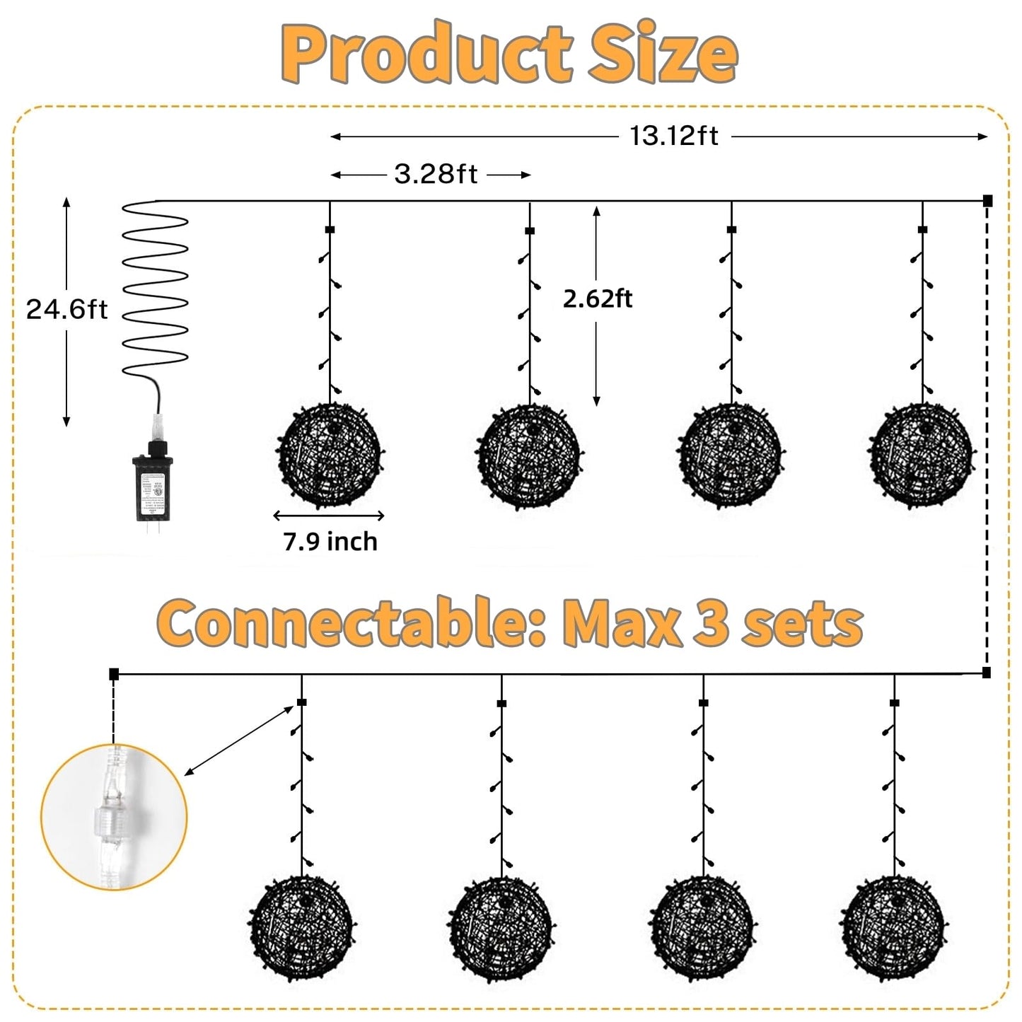 Outdoor Christmas Balls Lights 4 Pack Hanging 7.1" LED Garden Sphere Tree Lights 8 Modes Waterproof Glow Globe Lights with Memory Timer Plug for Party Yard Porch Eave Patio Xmas Decorations-Warm White