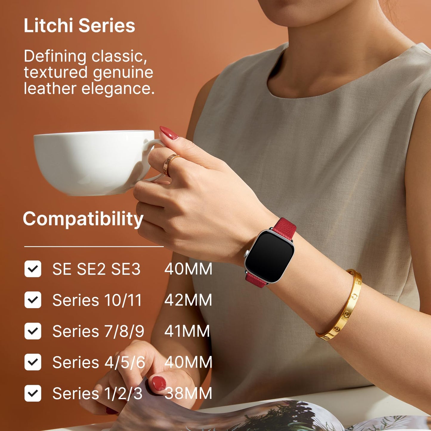 Fullmosa Leather Bands Compatible with Apple Watch Band 41mm 40mm 38mm 42mm 44mm 45mm 46mm 49mm Women Men for iWatch Series 11/10/9/8/7/6/5/4/3/2/1,Ultra3/2/1,SE3/2/1, 42mm 41mm 40mm 38mm, Red/Silver