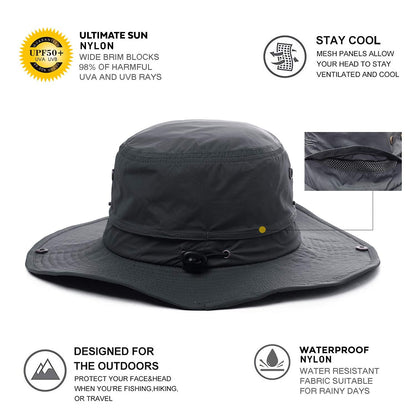 Comhats UPF 50 Sun Hats Wide Brim Summer Safari Hat Fishing Hiking Boonie Hats for Men Chin Strap Waterproof Black Medium Large