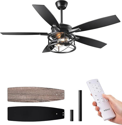 EDISHINE 42“ Black Farmhouse Ceiling Fans with Lights, Remote Control, Dimmable, 6 Speeds, 5 Wood Blades, DC Reversible Motor, Timer, Noiseless, Small Rustic Fan for Bedroom Living Room Kids Room