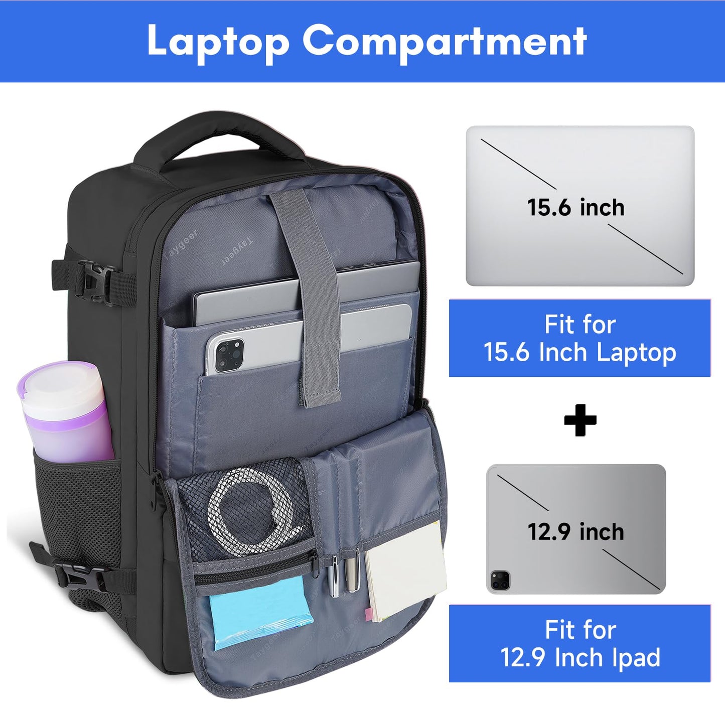 Taygeer Travel Laptop Backpack for Men Women, Airplane Approved Travel Backpack Suitcase with Water Bottle Pocket, Lightweight College 35l Luggage Bag 15.6inch Laptop Mochila Gifts for Business,Black