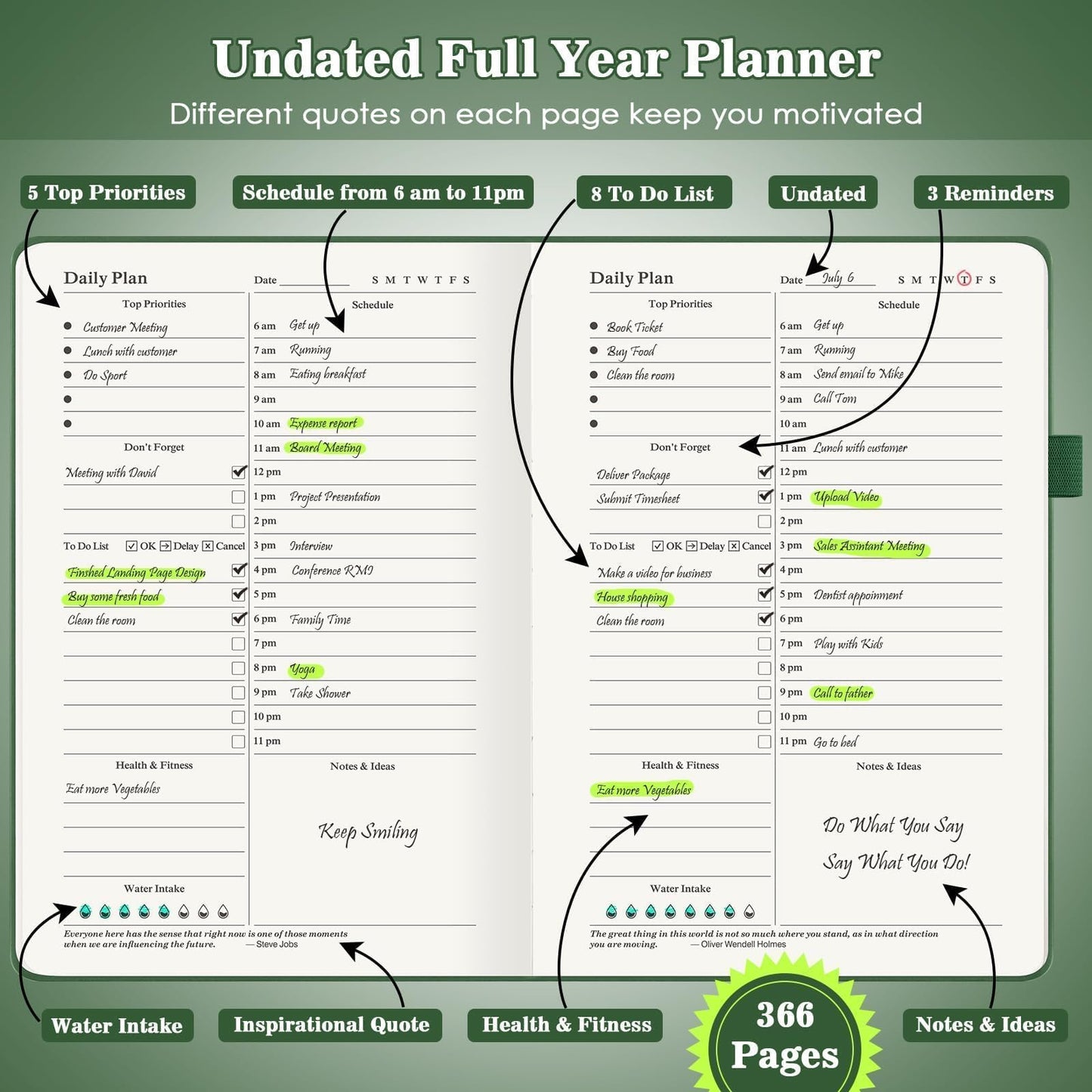 Asten Planner, Undated Daily Planner with To Do List, 365 Days Planner for ADHD, Hourly Planner Notebook for Goal Setting, Productivity Organizer with Calendar, 8.3'' x 5.8''(Green)