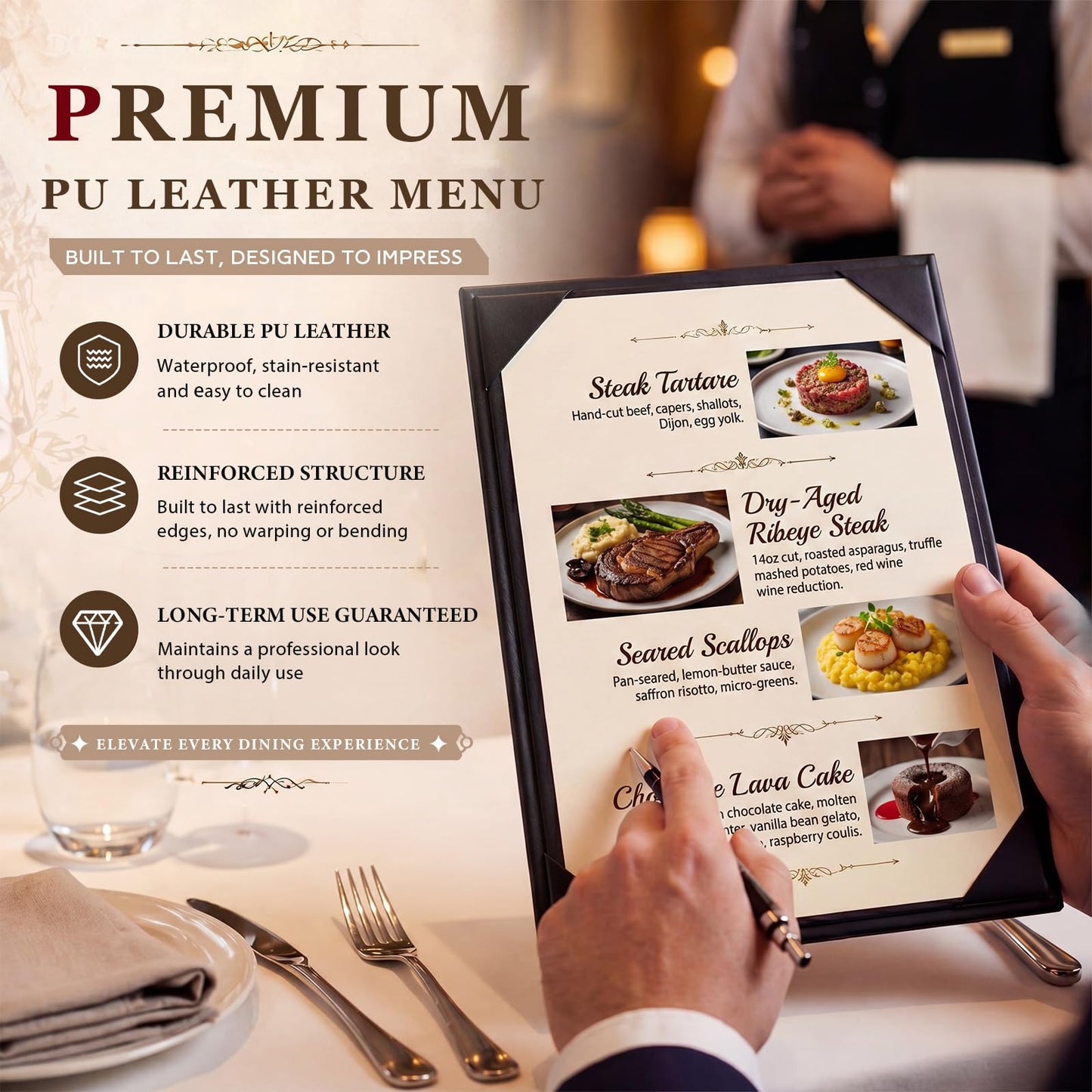 Ferrochef 10 Pack PU Leather Menu Covers, Single View Menu Holder for 8.5 x 11 Inch, Durable & Waterproof, Restaurant, Cafe, Bar Use, Professional Presentation, Black