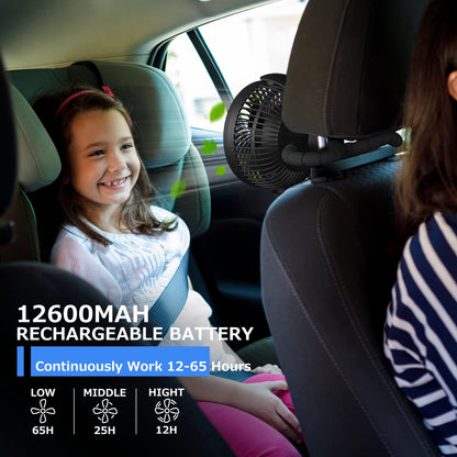 Stroller Fan - 65Hrs 12600mAh Rechargeable, Timing Car Seat, Portable Clip On Battery Operated for Baby, Peloton, Treadmill, Golf Cart, Beach, Bed, Dog