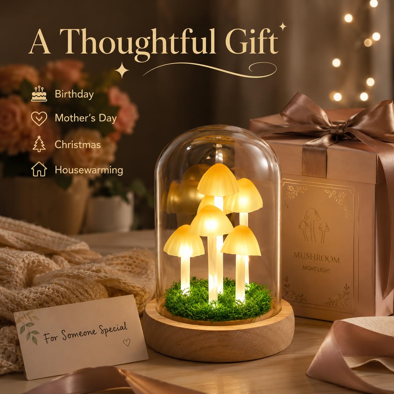 QUELIEN Mushroom Lamp in Glass Dome,Mushroom Gifts for Women - Warm White LED Night Light for Bedroom Decor,Birthday Party Decorations,Ideal Birthday Gift Valentines Gift
