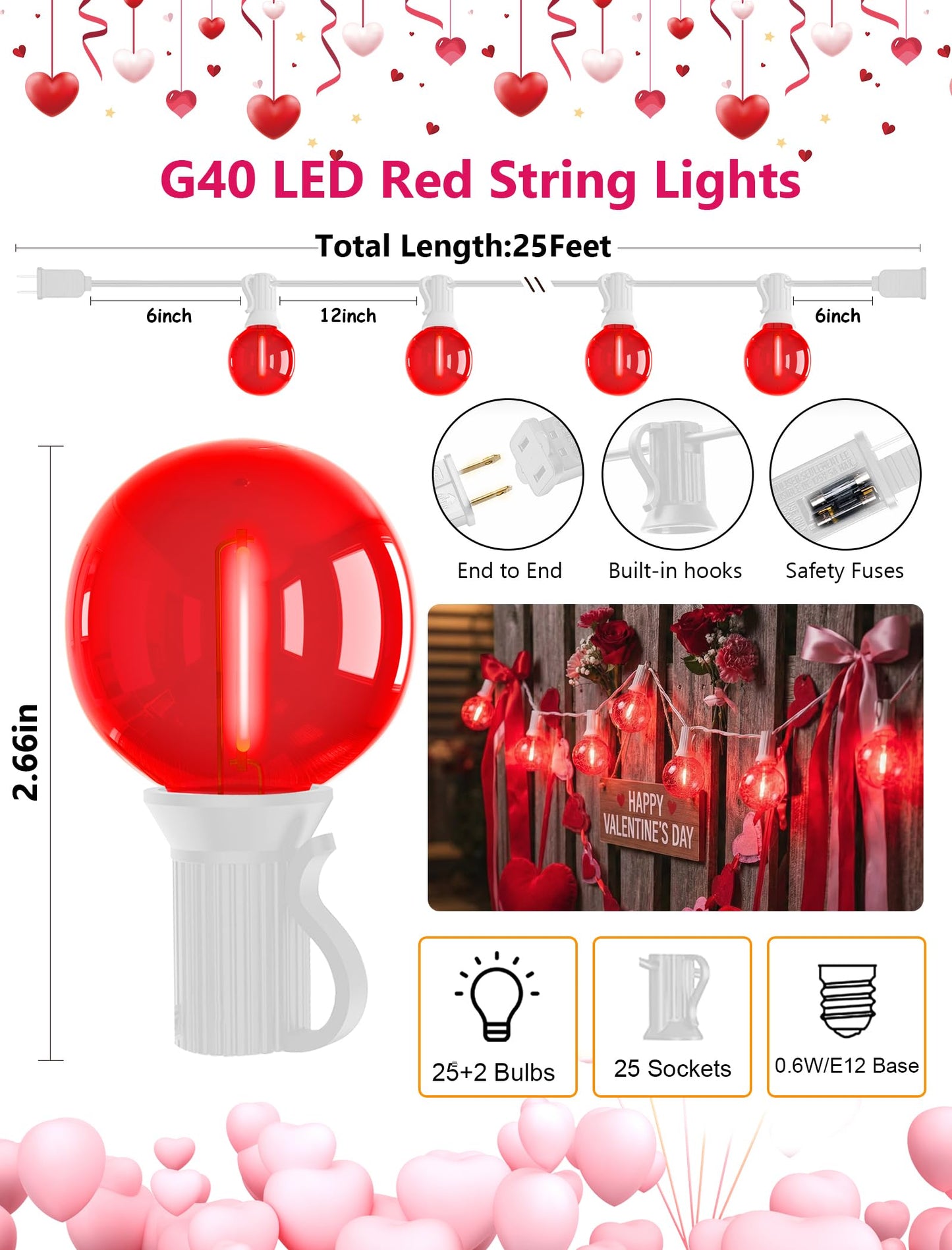 50Ft G40 LED Valentine's Day String Lights Outdoor, Valentines Decorations Lights with 27 Red Shatterproof Globe Bulbs, Hanging Patio Lights for Outside Wedding Backyard Porch Roofline, White Wire