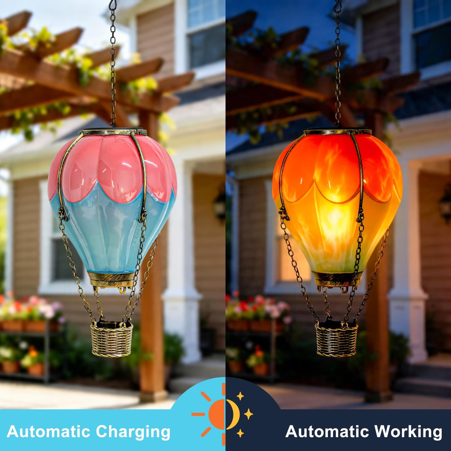 Hot Air Balloon Solar Lantern Outdoor Waterproof with Flickering Flame Light, Solar Powered Light for Garden Patio Yard Pathway Porch - Pink & Blue (1 Pack)
