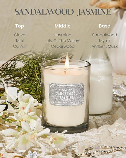 M&SENSE Sandalwood Jasmine Scented Candles, Classic Size 8.8 oz Glitter Jar, Holiday Natural Candles Gifts for Women, 50 Hours Long Burning for Winter Home Decor