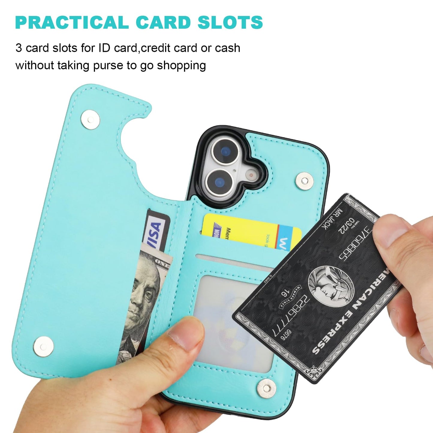 ONETOP Compatible with iPhone 17 Wallet Case with Card Holder, PU Leather Kickstand Card Slots Case, Double Magnetic Clasp and Durable Shockproof Cover 6.1 Inch (Light Blue)