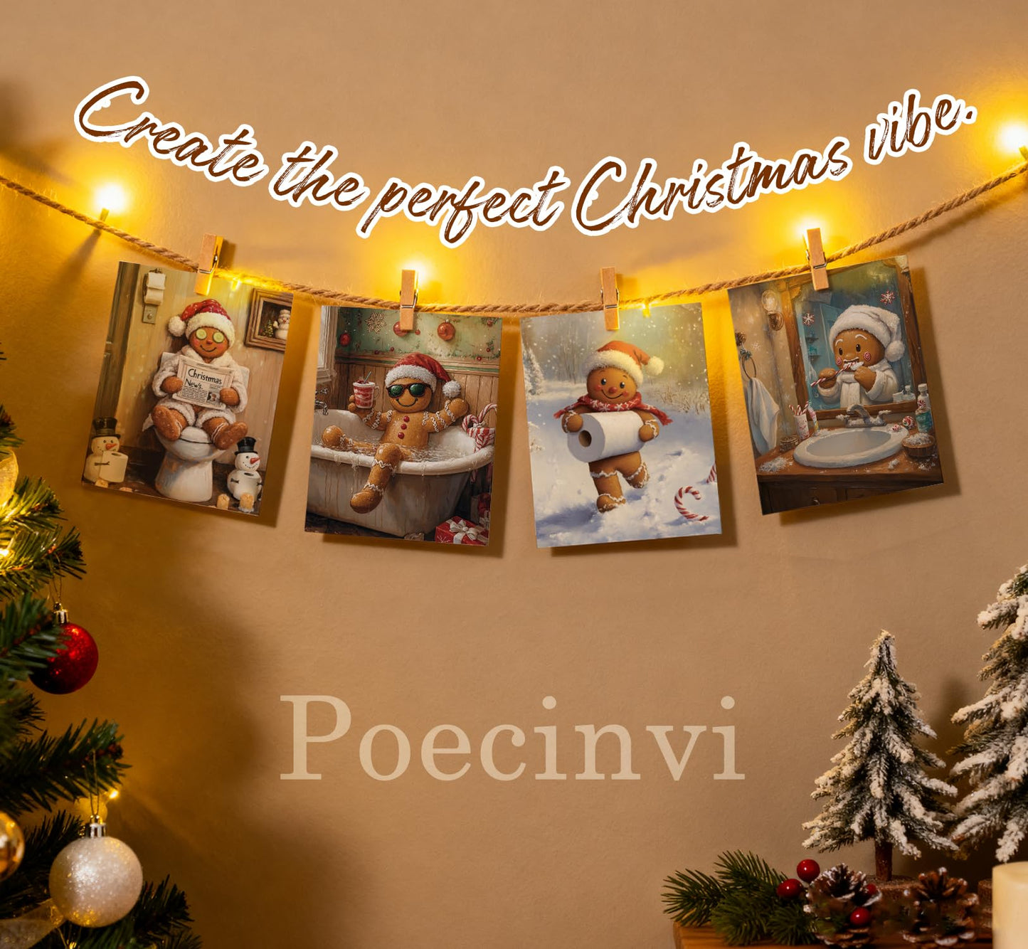 Poecinvi Funny Christmas in July Gingerbread Man Bathroom Wall Art Prints Set of 4, Funny Christmas Bathroom Decor, Gingerbread Man Posters Pictures Wall Decor for Bath Room Washroom, 8x10 Unframed