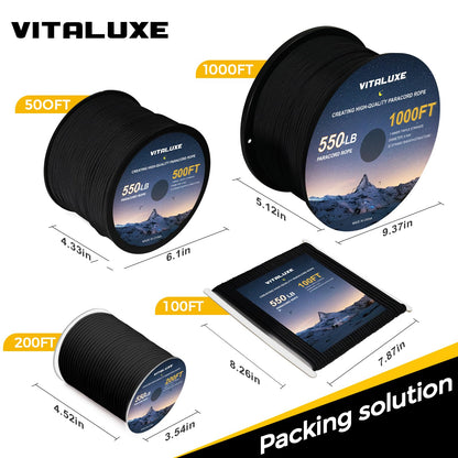 VITALUXE Paracord 550, 4mm, 7 Triple Strands, 200FT, Black
