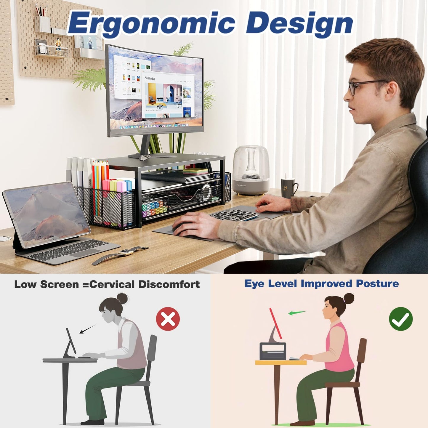 OPNICE Desk Organizers and Accessories, 2-Tier Computer Monitor Stand Riser with Drawer and 2 Pen Holders, Laptop Stand, Office Desk Accessories for Office Supplies, White
