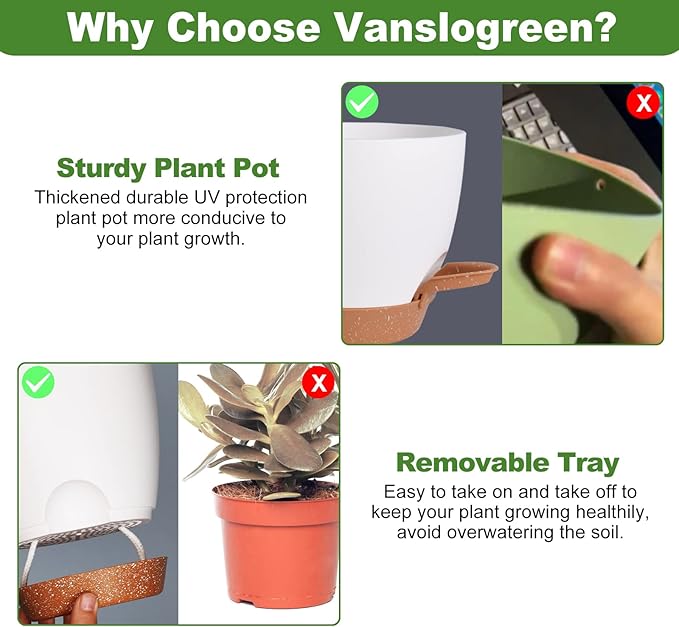 Plant Pots, Self Watering Planters for Indoor Plants with Drainage Hole, Plastic Flower Pot for Succulents, African Violet (White, 12/10/9)