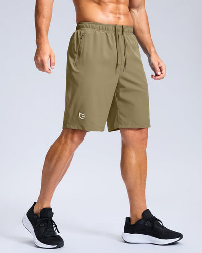 Men's Athletic Running Shorts with Zipper Pockets Quick Dry 7"/ 5"/ 9" Workout Gym Shorts for Basketball Hiking(Dusty Khaki,9XS)