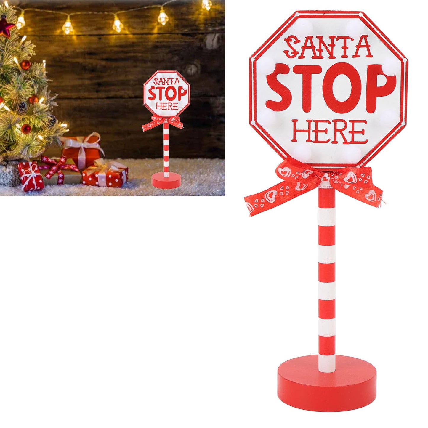 NOENNULL Light Up Santa Stop Here Sign, Santa Stop Here Pole Sign with LED Warm Light Wooden Xmas Desktop Battery Operated Xmas LED for Indoor Holiday Party Fireplace Decoration