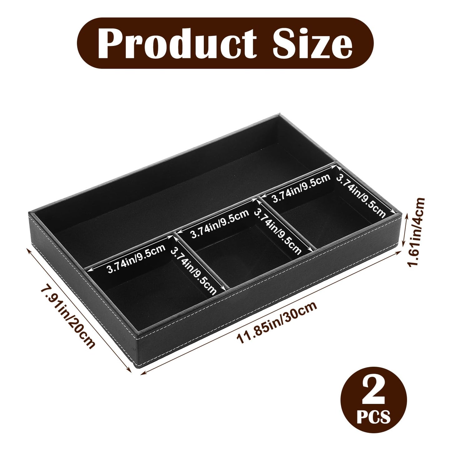 kenaeooe 2-Piece Faux Leather Valet Tray Set, Drawer Storage Organizer Divider for Desk, Nightstand, Jewelry, Keys, Wallet, Sunglasses, Phone, Watch - Black