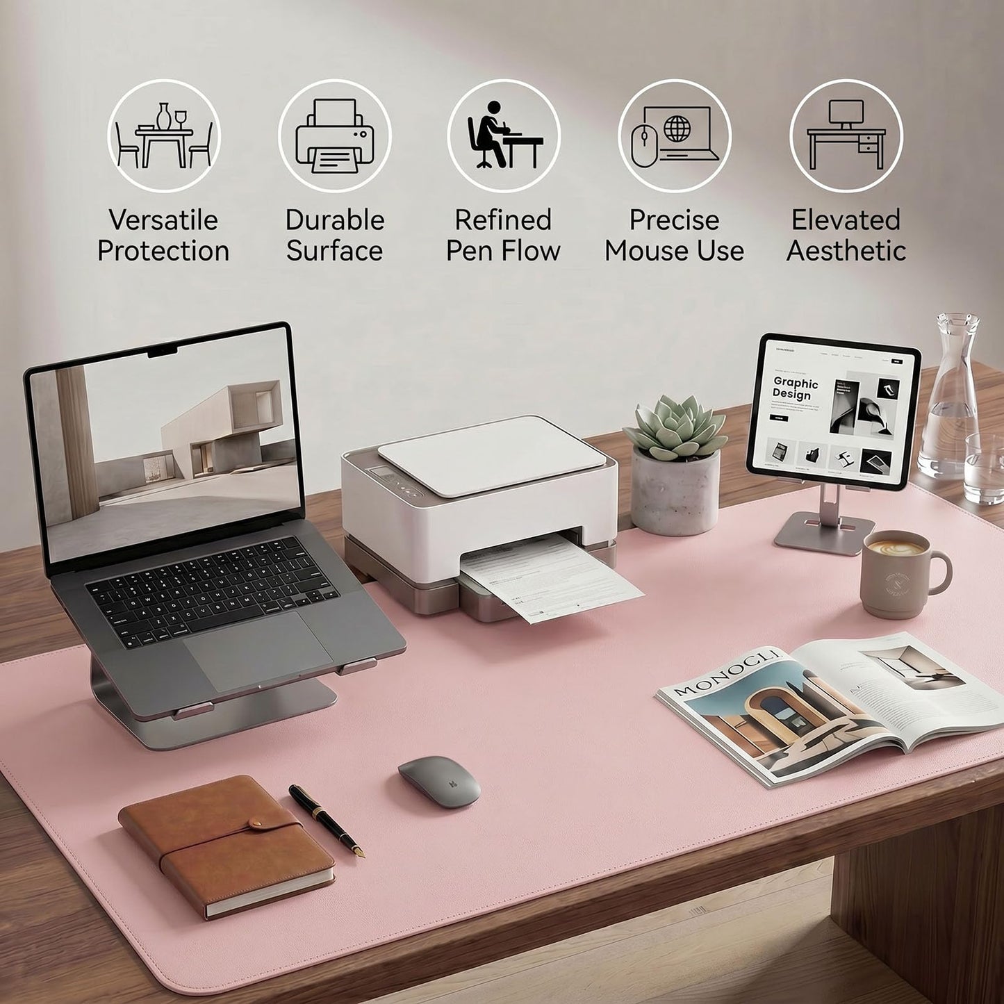 PROMATTOO Large Desk Pad Non-Slip Desk Mat Protector for Keyboard Mouse Waterproof Vegan Leather Surface Faux Leather Laptop Mat Smooth Mouse Pad Premium Gift Tube Sakura Pink 47" x 17"