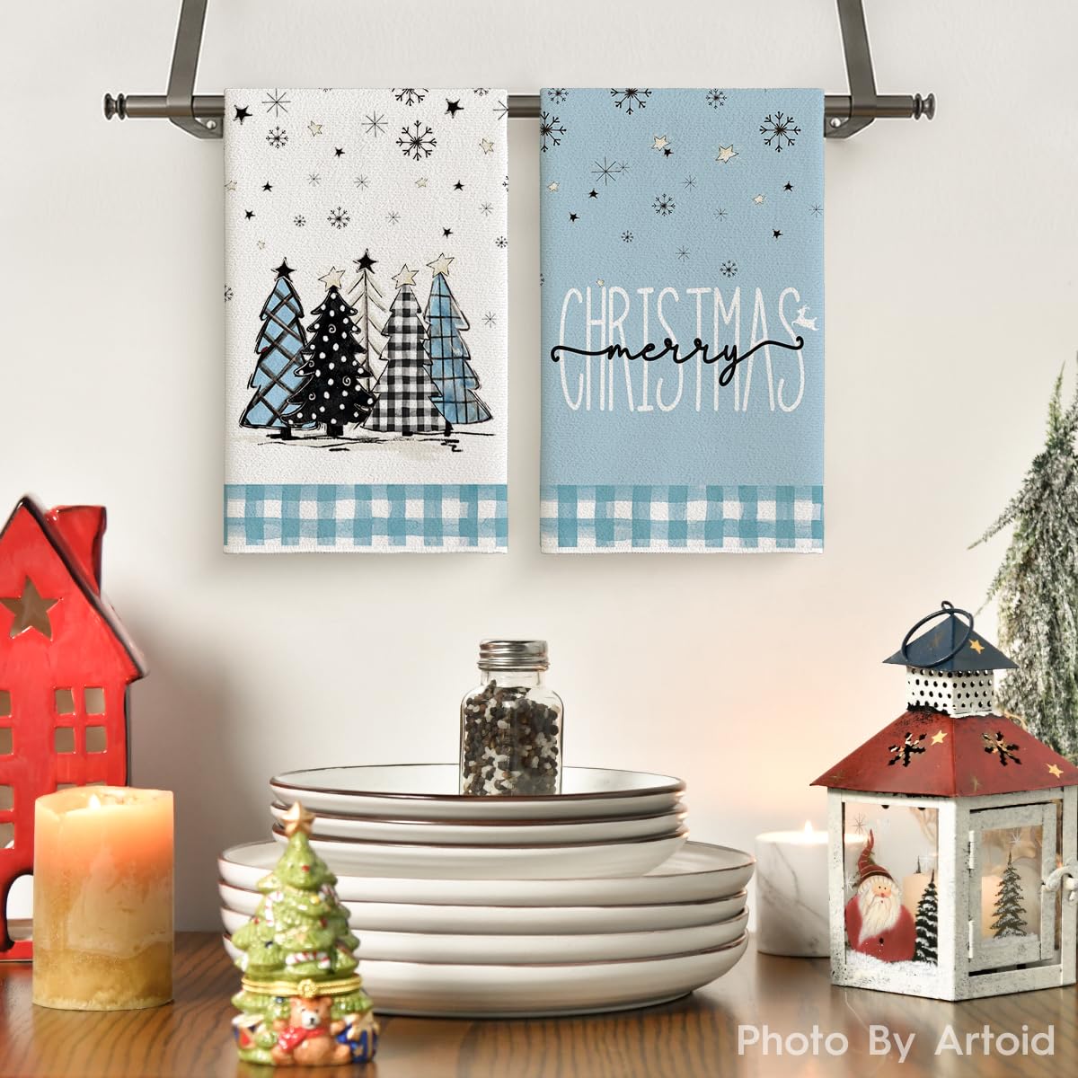 Artoid Mode Blue Buffalo Plaid Snowman Xmas Trees Christmas Kitchen Towels Dish Towels, 18x26 Inch Hello Winter Decoration Hand Towels Set of 4