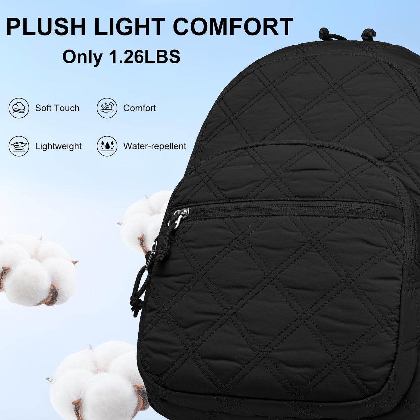 LIVUWERK Travel Backpack for Women Bag: Quilted 15.6 Inch Laptop Backpacks College School Bookbag Lightweight Casual Daypack Water Resistant Computer Backpacks for Girls Students Teacher Work Black
