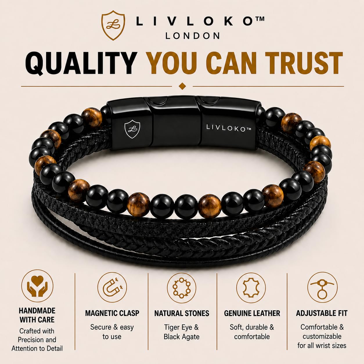 LIVLOKO LONDON Mens Bracelet Leather Black Multi-Layer Tiger Eye Stone Beads Magnetic Adjutable Steel Clasp Viking Rope Bands Surfer Man jewelry Wristband Male UK Jewellery Gift box Husband Boyfriend Dad Son