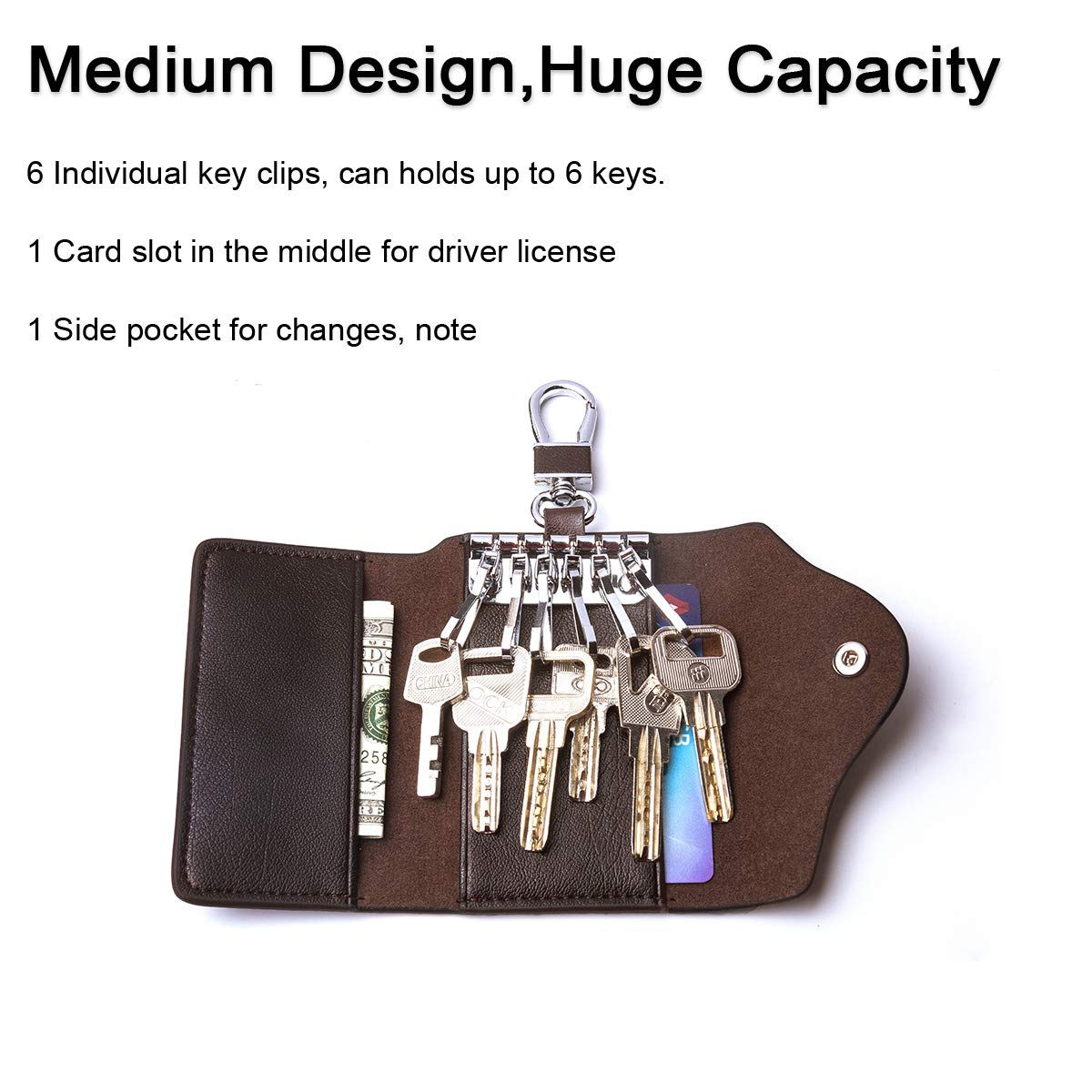 Leather Car Keychain Wallet Bag Case For Key Chains Holder, Mens Genuine Leather Car Key Case Card ID Holder Wallet Keyring Keychain