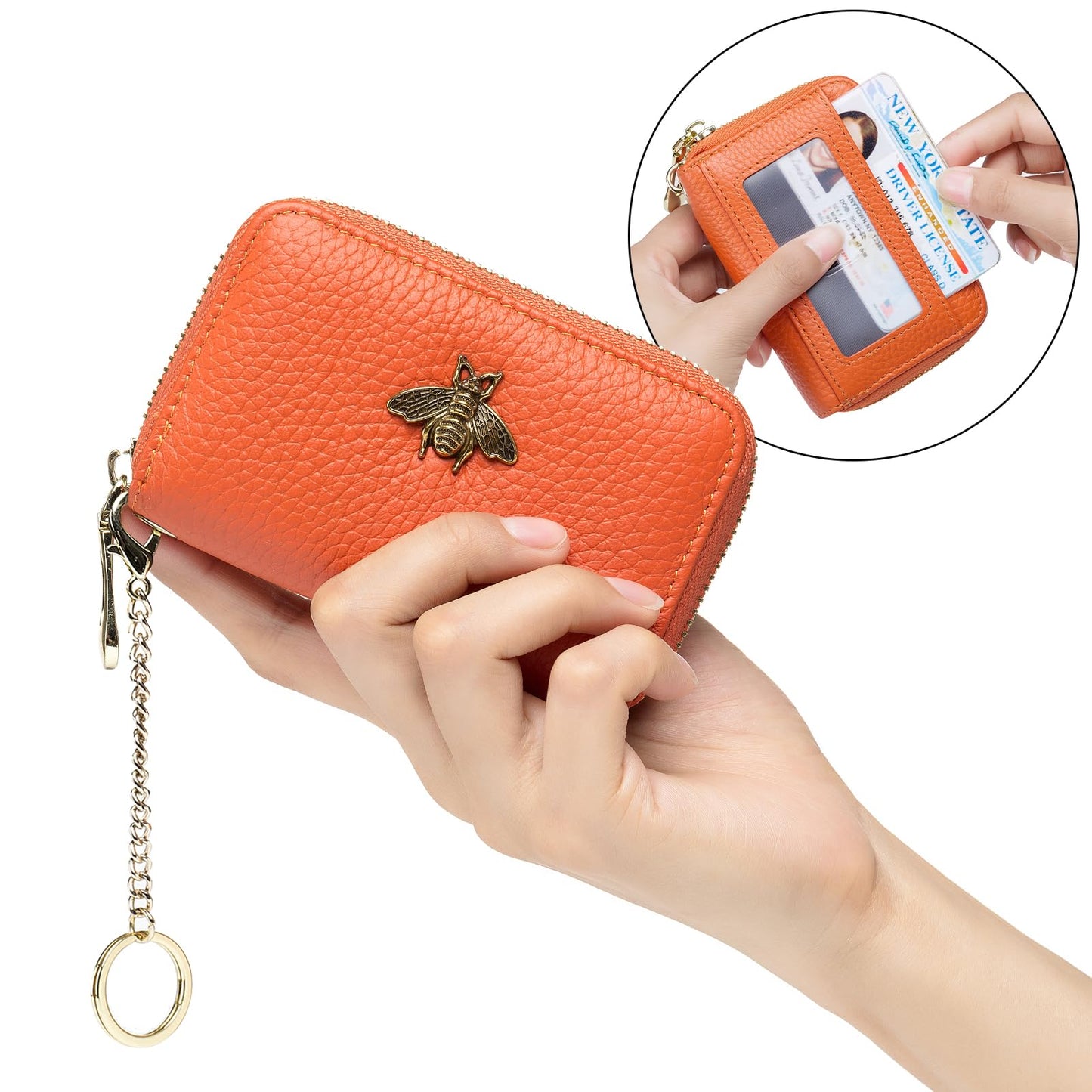imeetu RFID Credit Card Holder, Small Leather Zipper Card Case Wallet with Keychain and ID Window for Women (Pro,Orange)