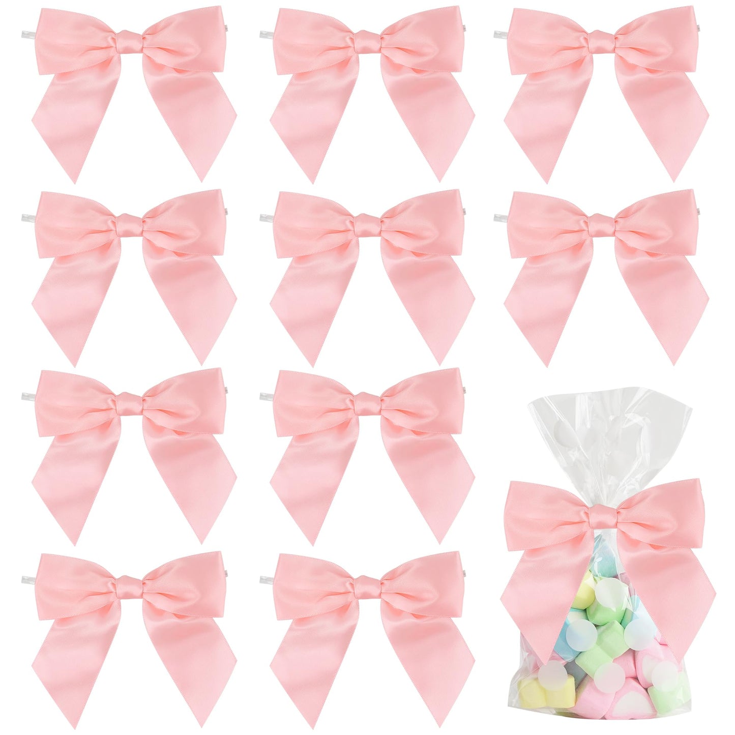 AIMUDI Baby Pink Satin Ribbon Bows 4.5" Pre-Tied Bows with Twist Ties for Gift Wrapping Treat Bags Boxes Baby Shower Wedding Party Favors Valentine's Day Decorations, 36 PCs