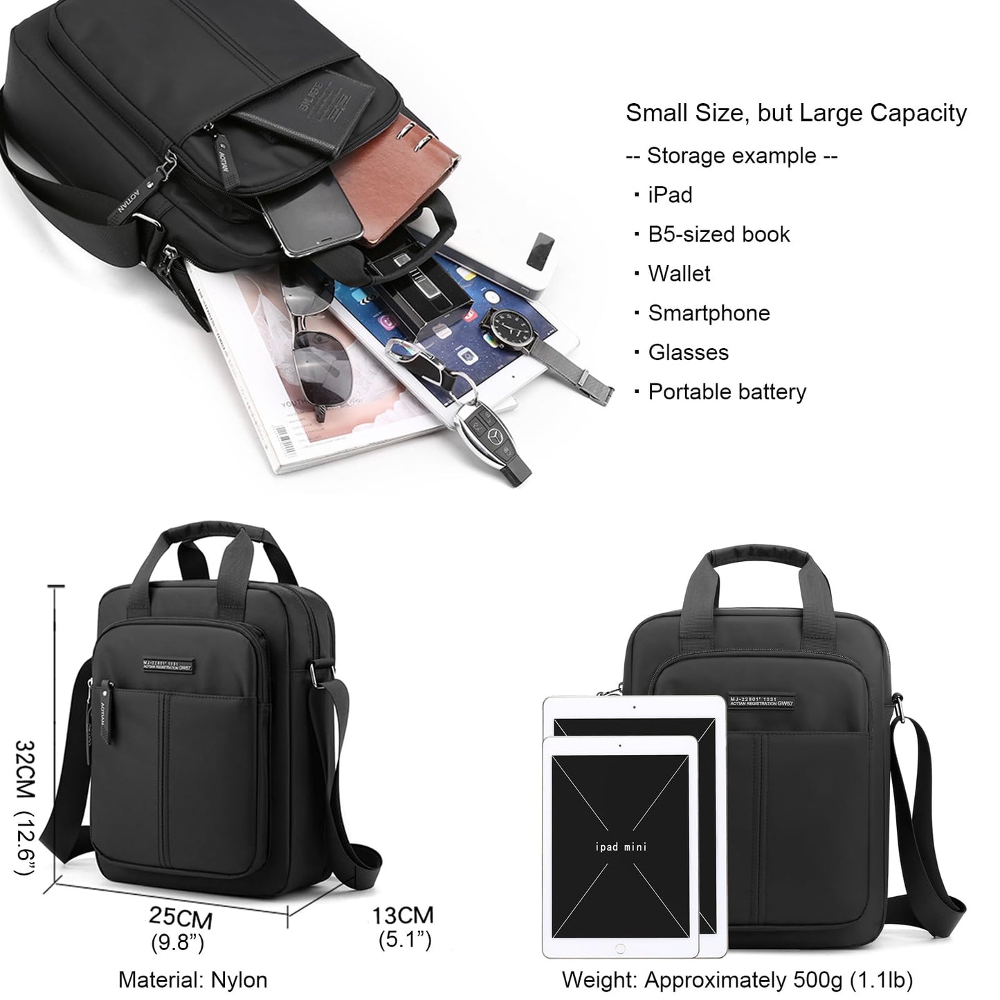 natyrlpog Men's Shoulder Bag Nylon Crossbody Bag Waterproof Casual Black Messenger Bag for Work Travel, Black