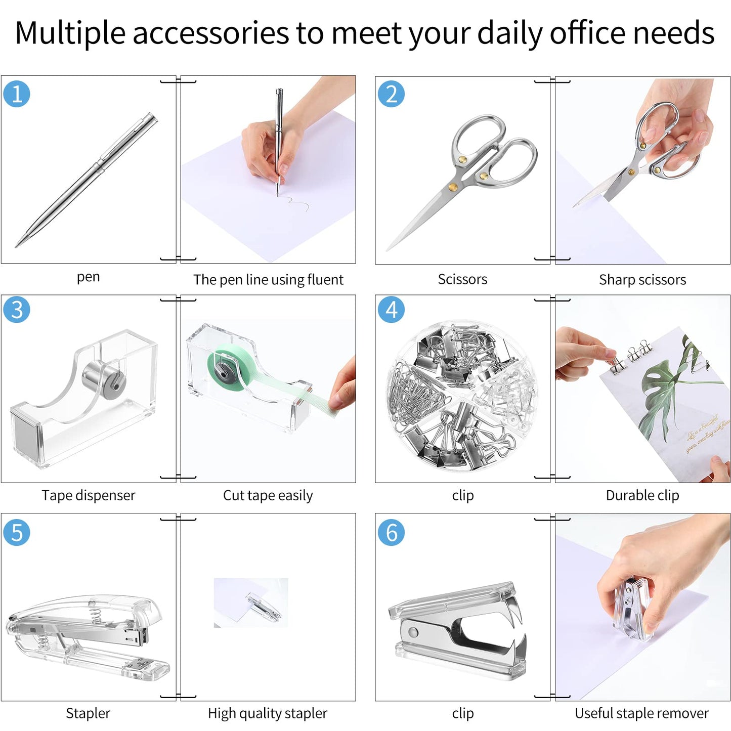 Office Supplies Set Desk Accessory Kit, Acrylic Stapler Set Staple Remover, Tape Dispenser, Binder Clips, Paper Clips, Ballpoint Pen and Scissor with 1000 Pieces 26/6 Staples (Silver)