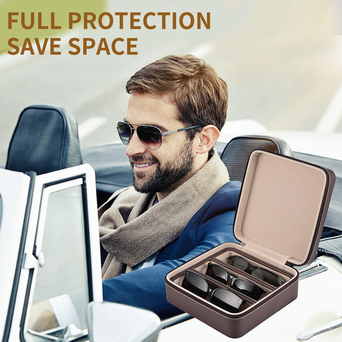 ROSELLE Eyewear Travel Case for women men, Luxury leather 3-Slot Eyeglasses Storage Box for Multiple Glasses and Sunglasses (Coffee)