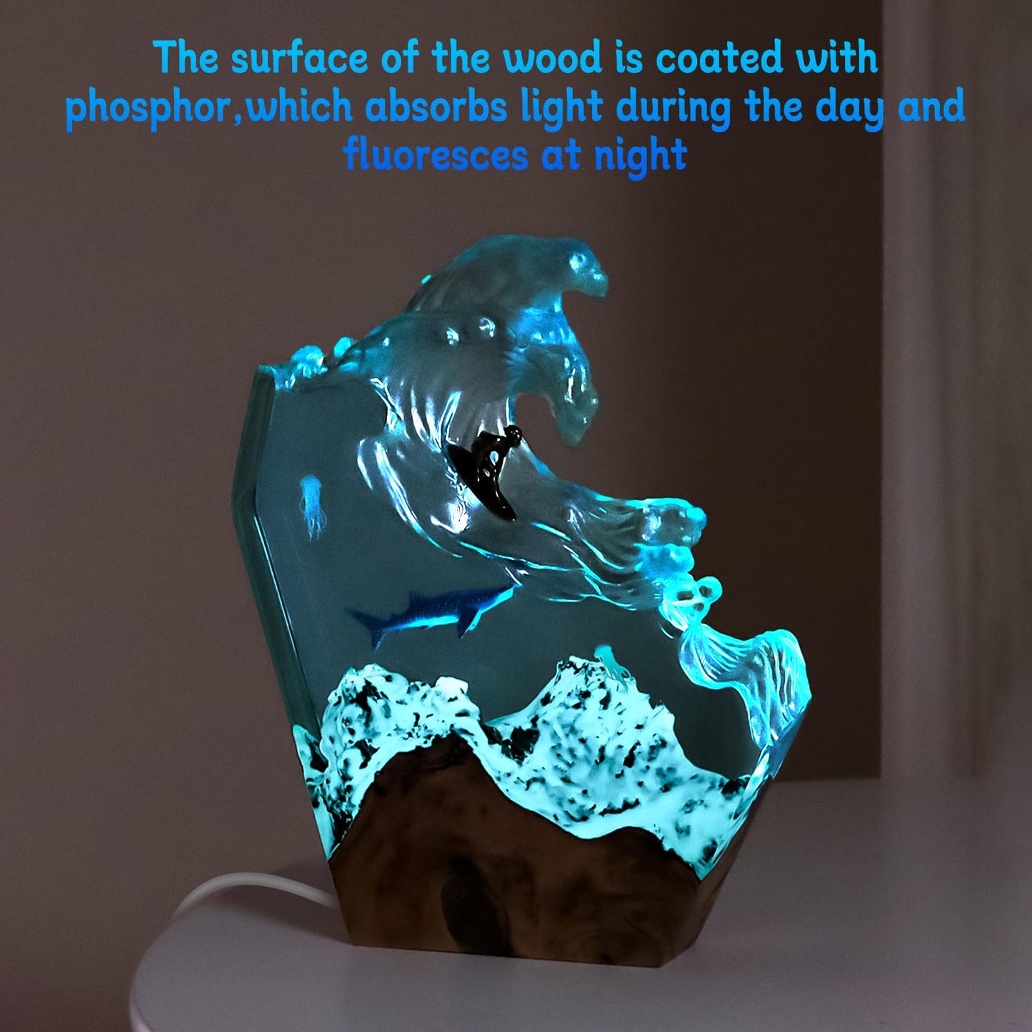dcvbny Resin LED Ocean Surfing Night Lights,Handmade Wooden Epoxy Resin Bedside Table Lamp,3D Art Ornaments Office Bedroom Room Party Decor for Surfer Men Women Boys Girls (10-inch Surfing)
