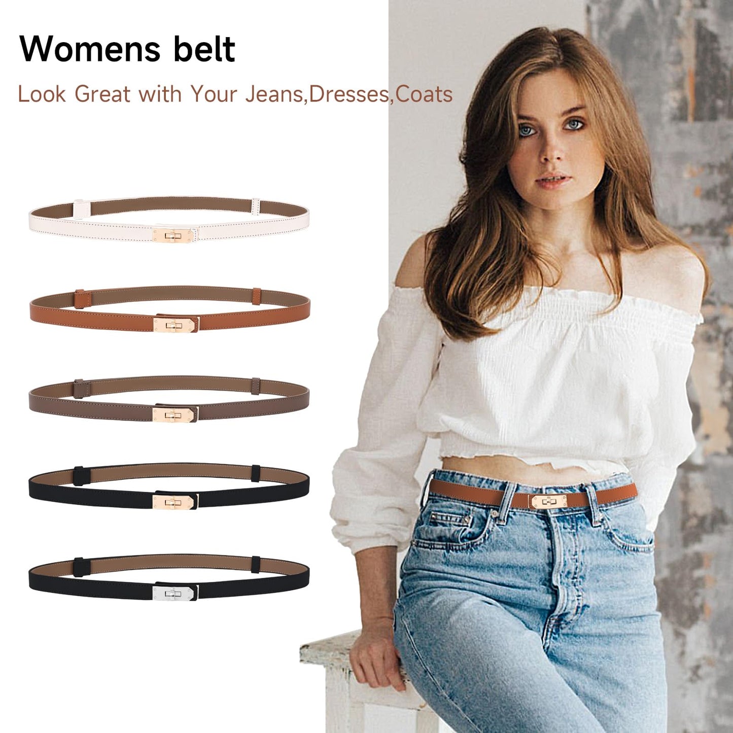 Asaloy Women's Thin Leather Belts with Turn Lock Buckle,Belt Women Adjustable for Pants Dresses Jeans Coats (Caramel Gold Buckle+Black Gold Buckle（2 piece）, Waist Size Below 37 Inches)