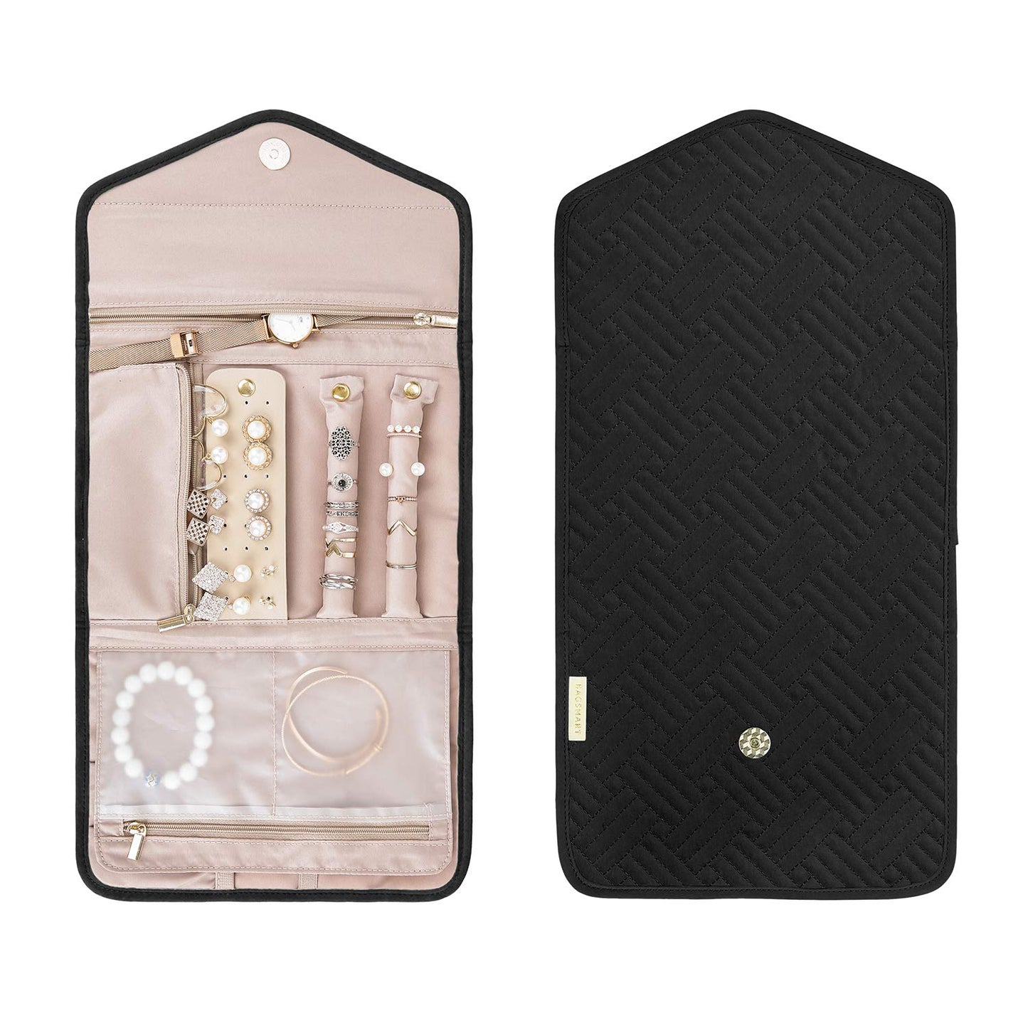BAGSMART Travel Jewelry Organizer Roll Foldable Jewelry Case for Journey-Rings, Necklaces, Bracelets, Earrings, Black