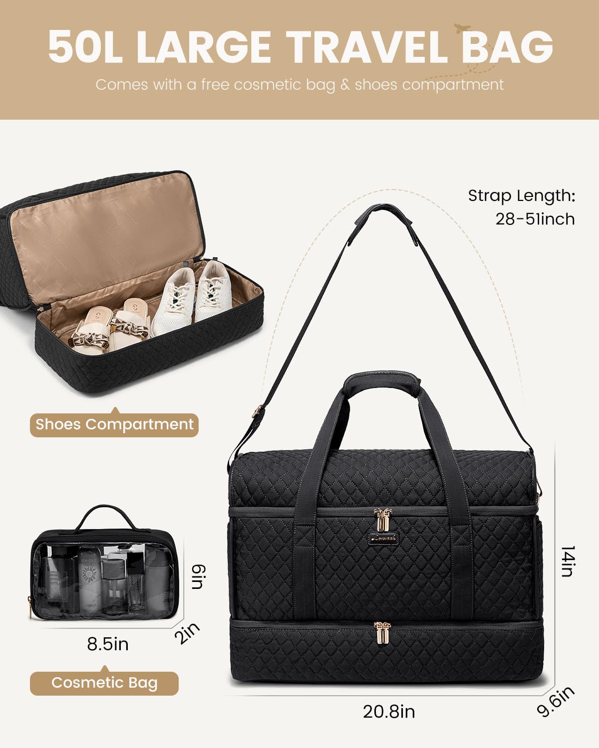 LOVEVOOK Large Travel Duffle Bag, Weekender Bags for Women With Shoe Compartment, Overnight Hospital Bag For Women Labor Delivery, Carry on Bag Personal Item Travel Bag, Yoga Gym Duffel Bag, Black