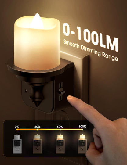 Briignite Flameless Candle Night Lights, Amber Plug-in 2 Pack, LED Candle with Light Sensor, 0-100LM Dimmable, Kids Hallway Bathroom Nightlight