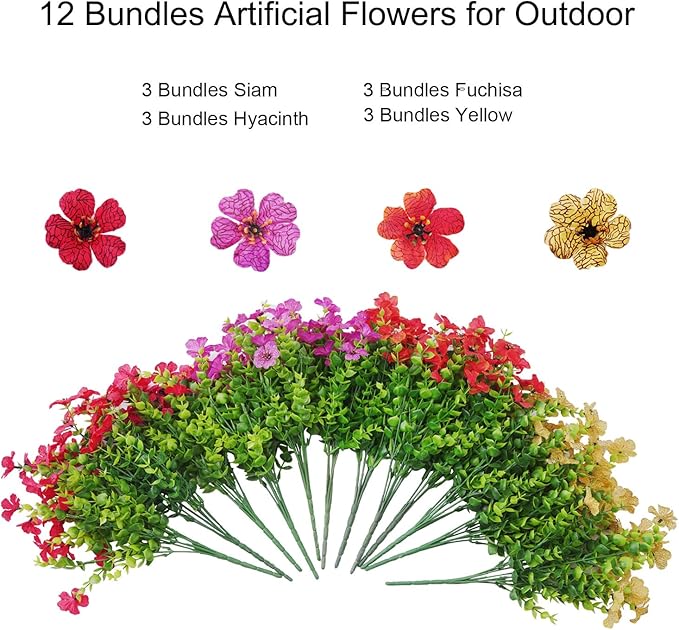 Outdoor Artificial Flowers, 12 Bundles Fake Flowers Summer Decoration, No Fade Faux Plastic Shrubs for Garden Patio Porch Window Box Decor (Mix 4 Color)