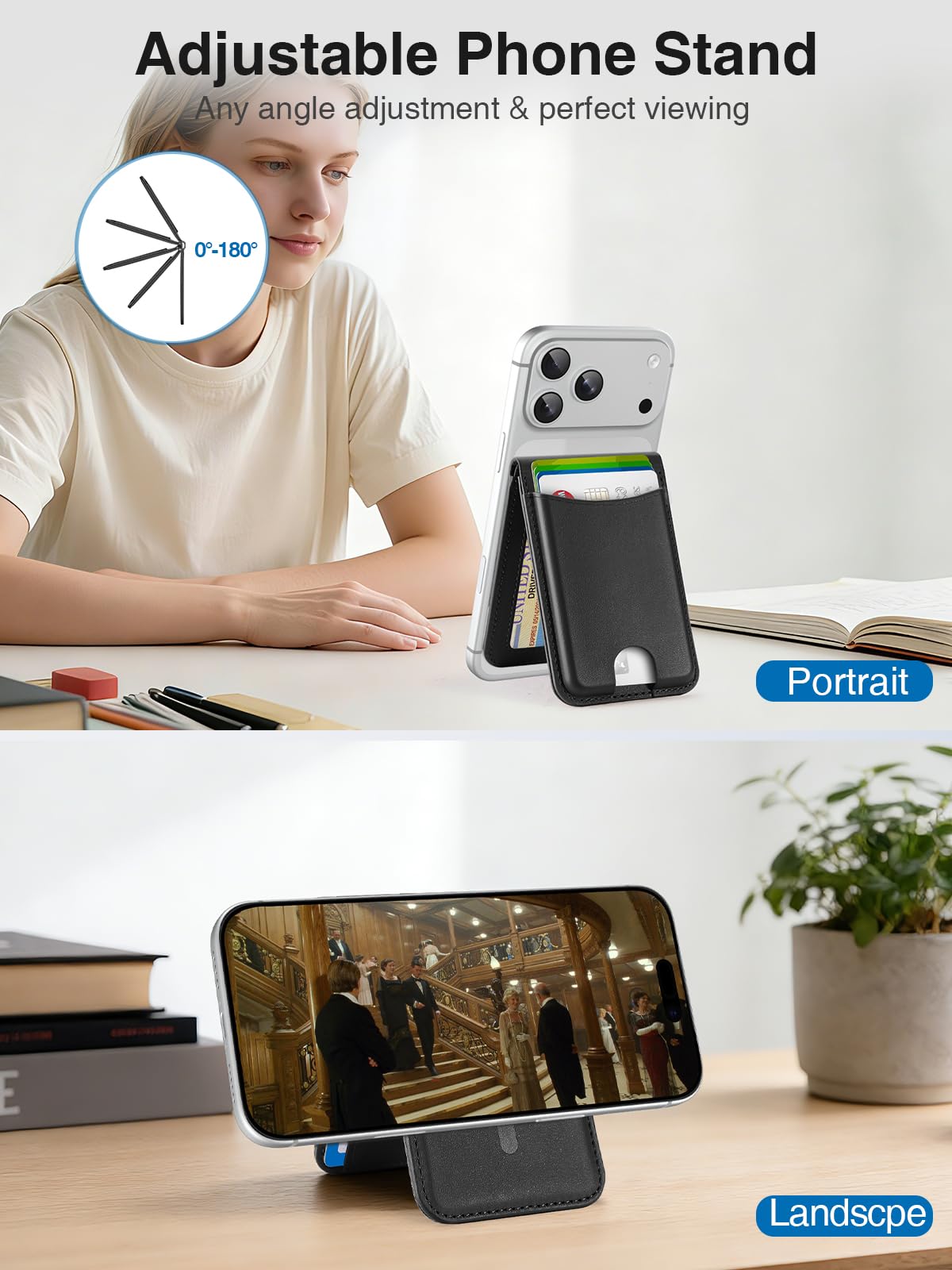 TopMade for MagSafe Wallet, Works with Apple Find My, Strongest Magnetic Wallet with Stand, 6 Card Holder, RFID Blocking, Magnetic Card Holder for iPhone 17/16/15/14/13/12 Series, Rechargeable, Black