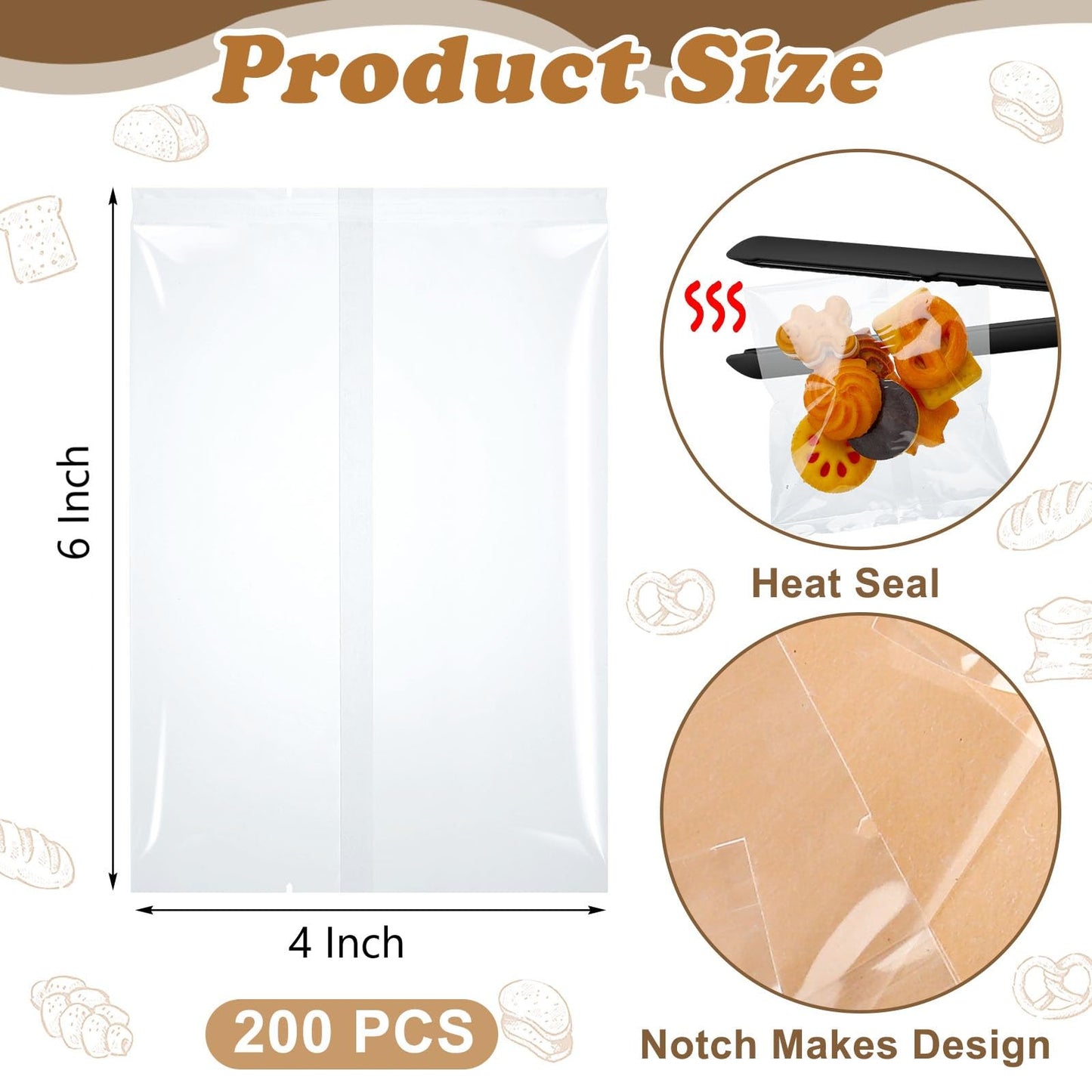 Yexiya 200 Pcs 4 x 6" Clear Heat Seal Cookie Bags Cellophane Cookie Bags Flat Edge for Treat Chocolate Candy Dessert Snack Packs 4th of July Back to School Wedding Birthday Party Gift Giving