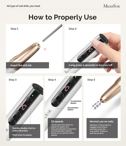 MelodySusie Cordless Nail Drill, PC180E 25,000RPM Rechargeable Eletric Nail File with Nail Drill Bits, Sanding Bands for Home Using