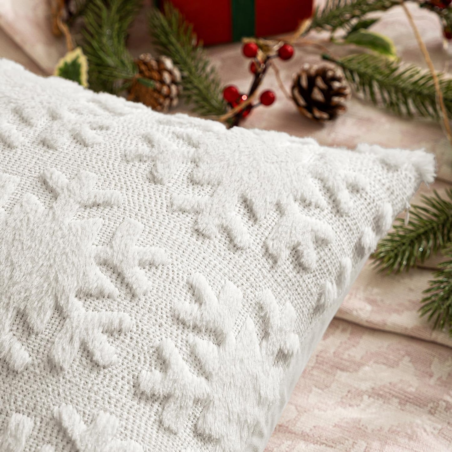 MIULEE Christmas Snowflake Decorative Throw Pillow Covers Set of 2,Soft Fluffy Faux Wool Winter Holiday Couch Pillows for Farmhouse Boho Home Decor Sofa Bed Porch Living Room 12x20 Inch Pure White