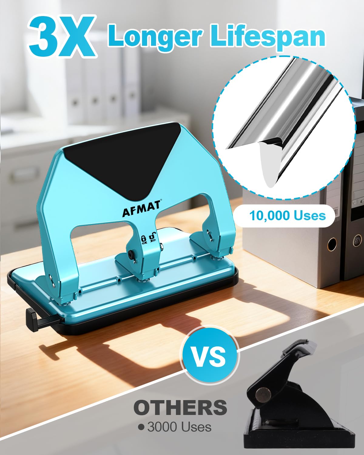 AFMAT 3 Hole Punch Heavy Duty, 50-Sheet Three Hole Punch, 50% Reduced Effort, 10,000+ Uses, 9/32" Holes, S.S. Paper Guide, 3 Hole Puncher for Binder, Metal Hole Puncher for Home Office School HP20