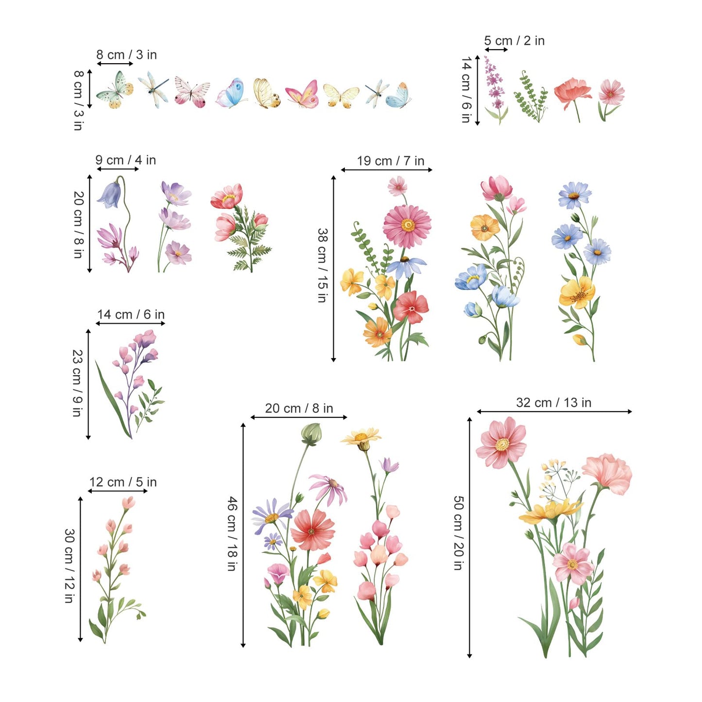 wondever Pink Wildflower Wall Stickers Garden Flower Daisy Butterflies Floral Botanical Wall Art Decals for Bedroom Living Room Sofa
